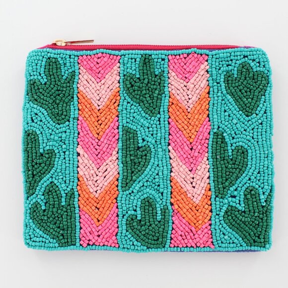 New KAY LEE NY Beaded Chevron Cactus Coin Purse/Makeup Bag ❤️Made in India❤️ - Picture 1 of 3